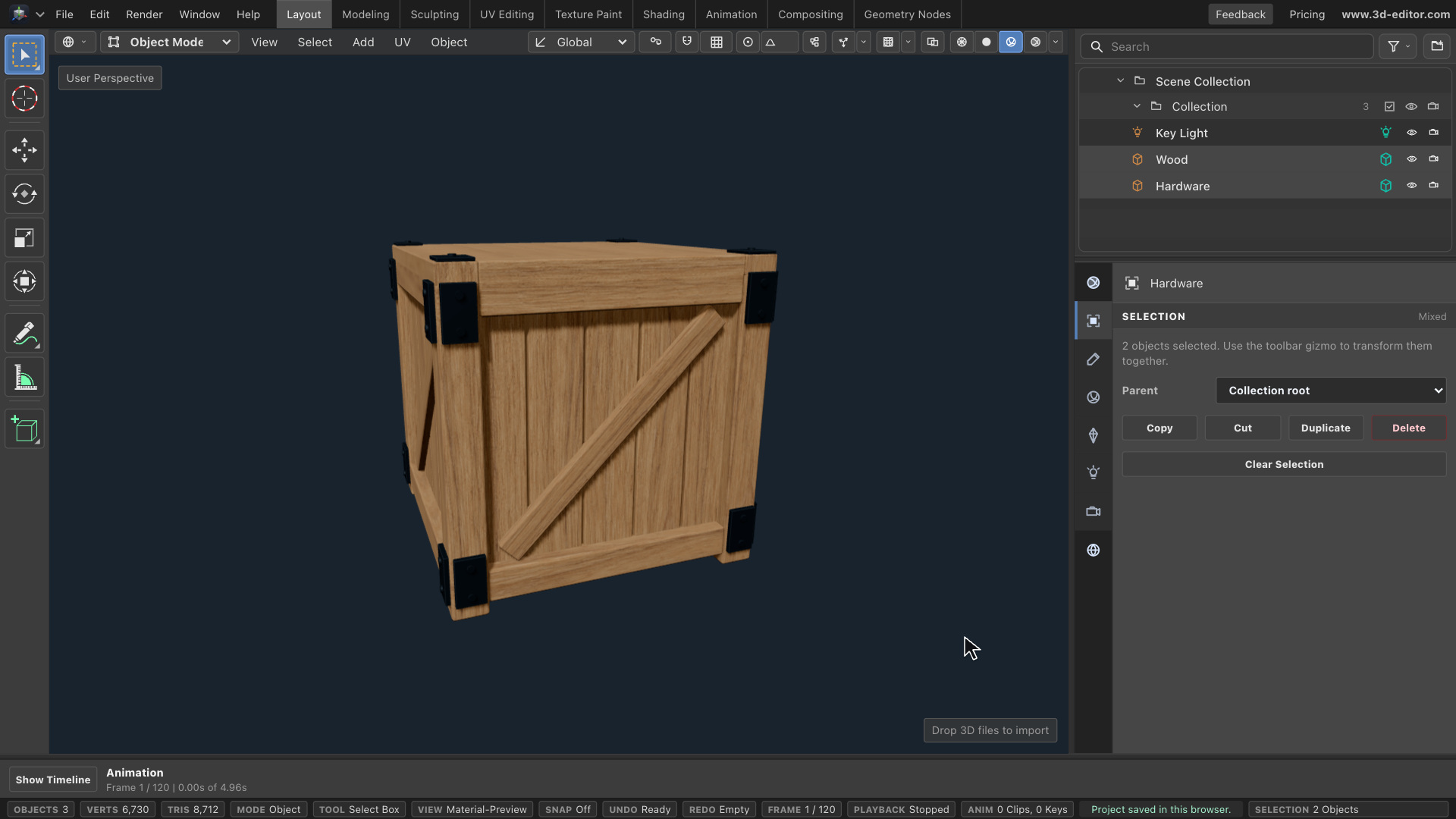 A wooden shipping crate in the online 3D editor, with grain following its boards and separate dark metal corner fittings.