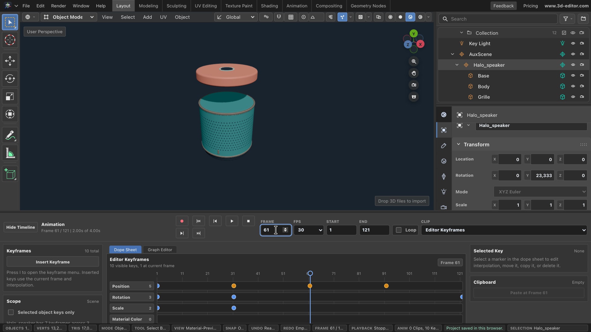 The Halo desk speaker with its top cap raised in the browser editor and manual keyframes visible in the Timeline.