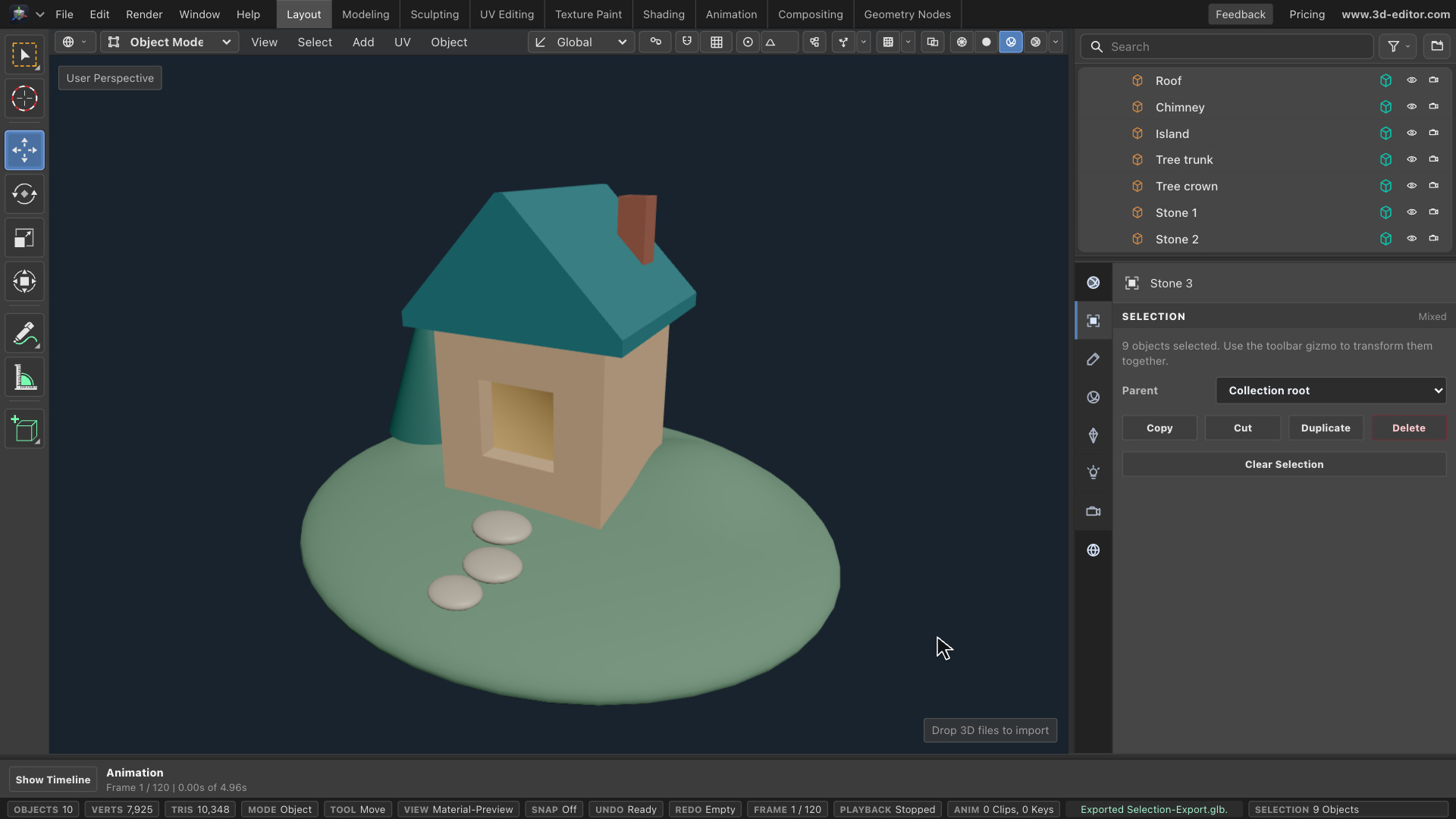 A sandy-colored cabin with an extruded teal roof, recessed window, sculpted green island, tree, and stepping stones in the homepage 3D editor.