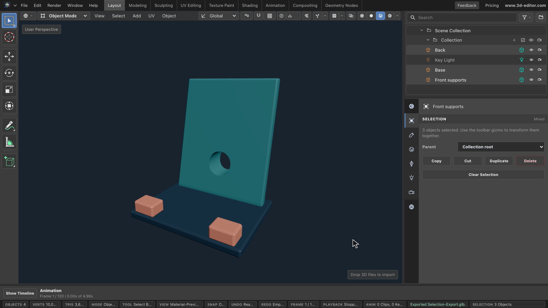 A teal phone-stand back with a circular cable opening, a dark base, and two coral front supports in the homepage 3D editor.