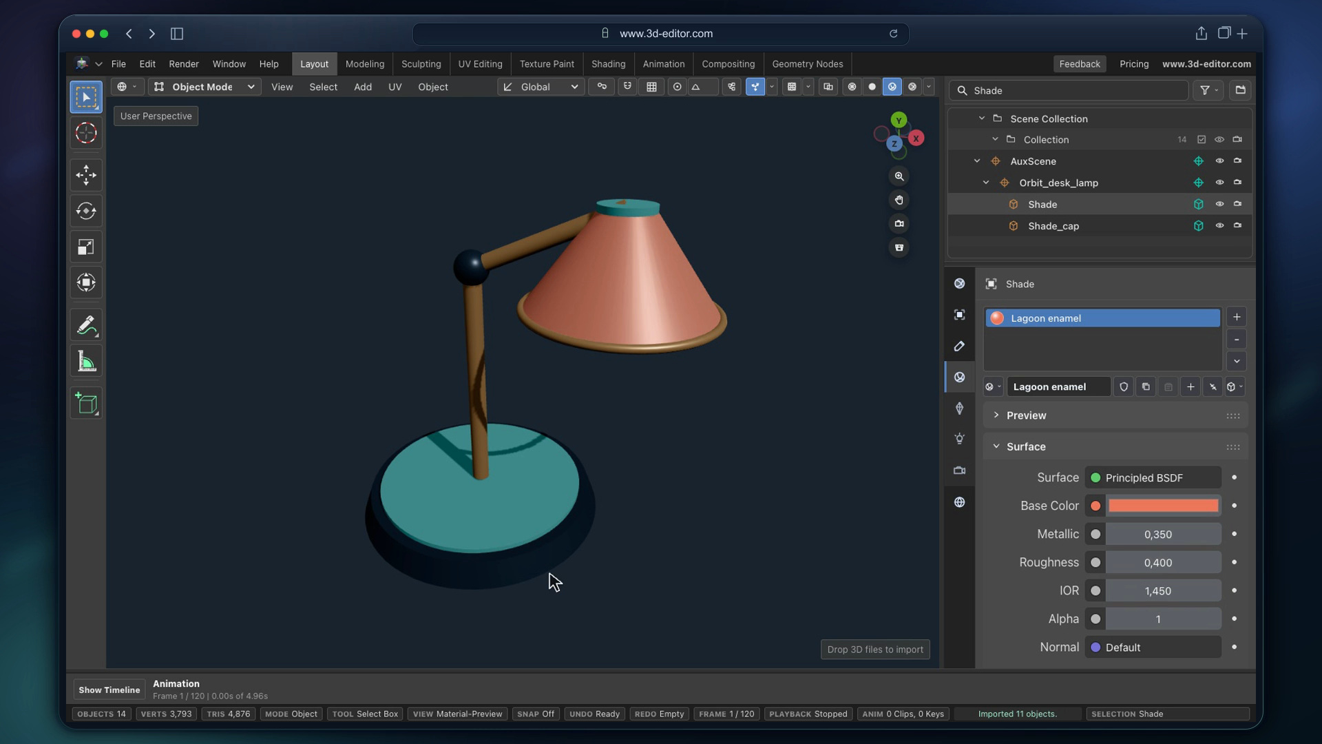 The edited Orbit desk lamp in the browser editor, with a coral shade, teal base, and Material controls showing Roughness 0.400.