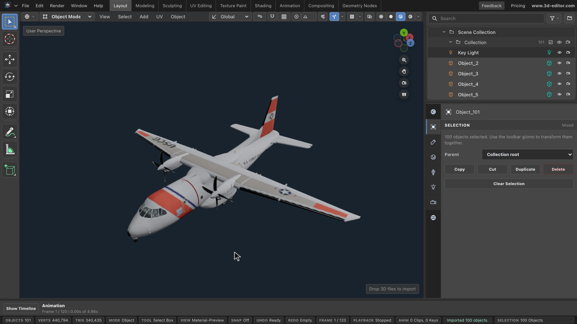 The Ocean Sentry aircraft in the online 3D editor after selectively reducing individual mesh parts with Decimate.