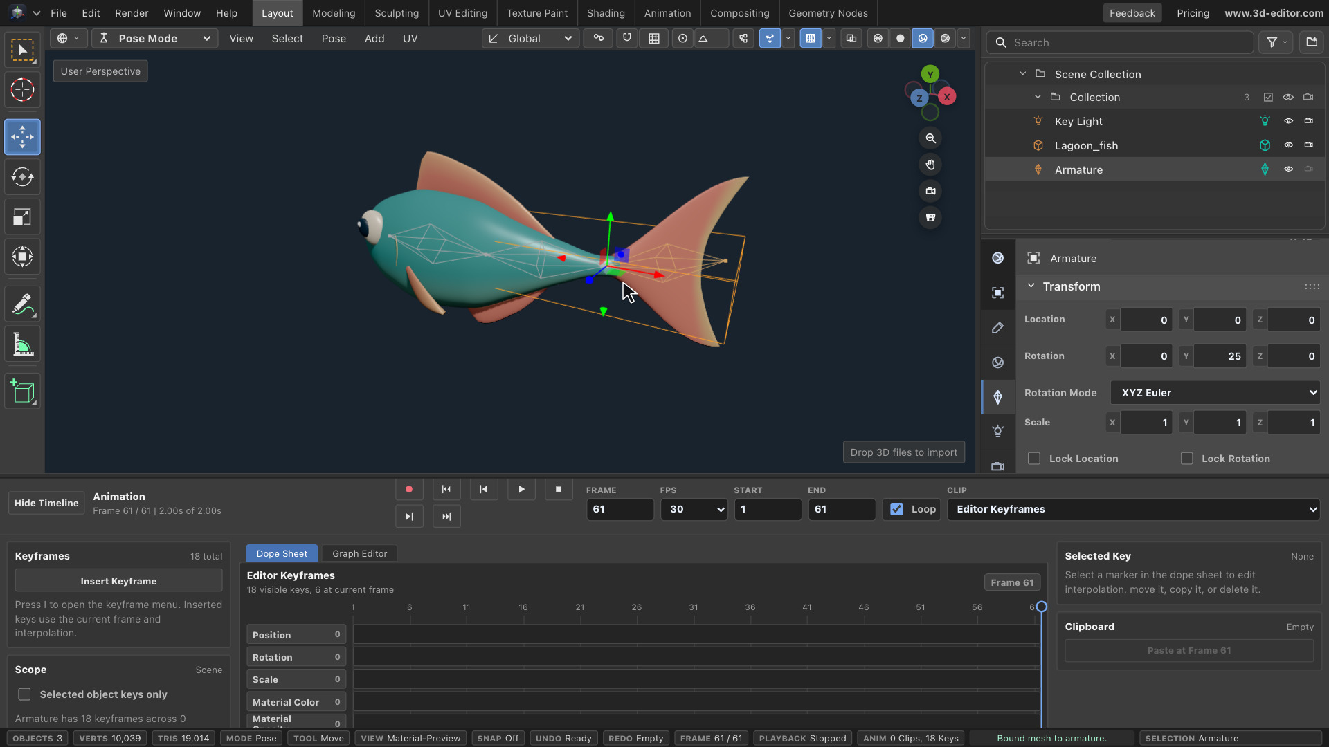 The Lagoon fish bending with a three-bone armature in the online 3D editor, with swim-cycle keyframes in the Timeline.